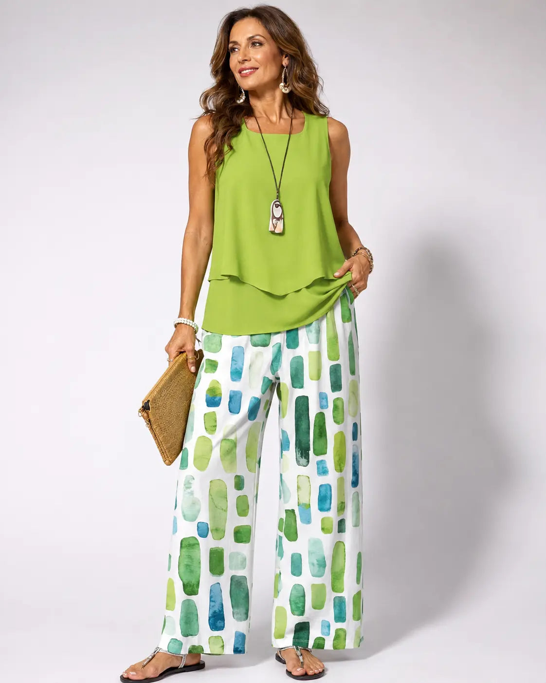 Sleeveless Layered Top and Watercolor Wide Leg Pants Two Piece Set