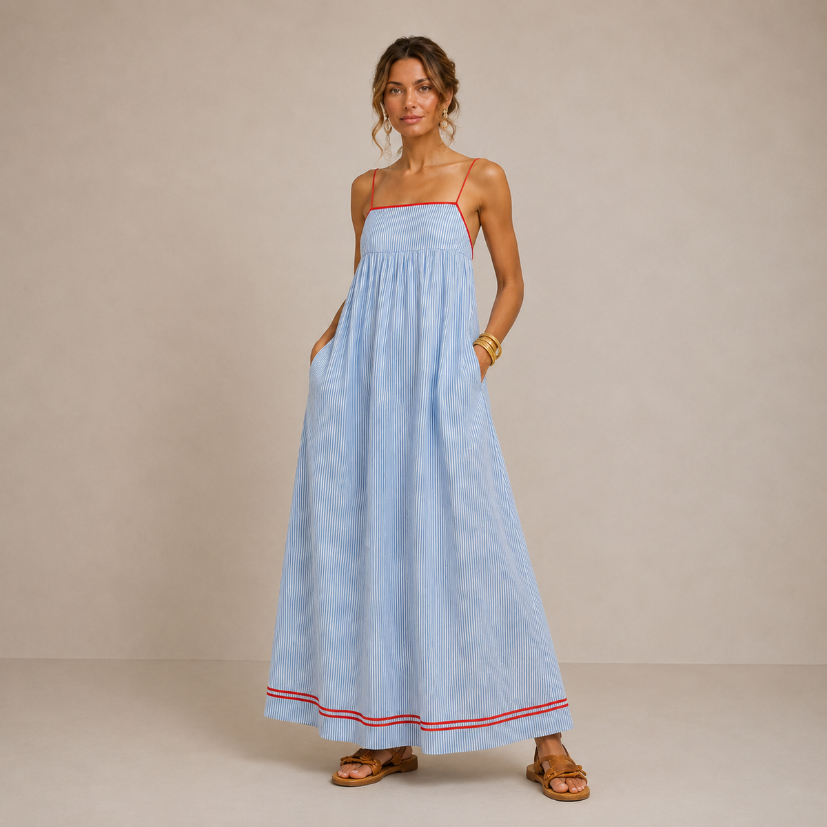 Pinstripe Square Neck Spaghetti Strap Contrast Trim Maxi Dress