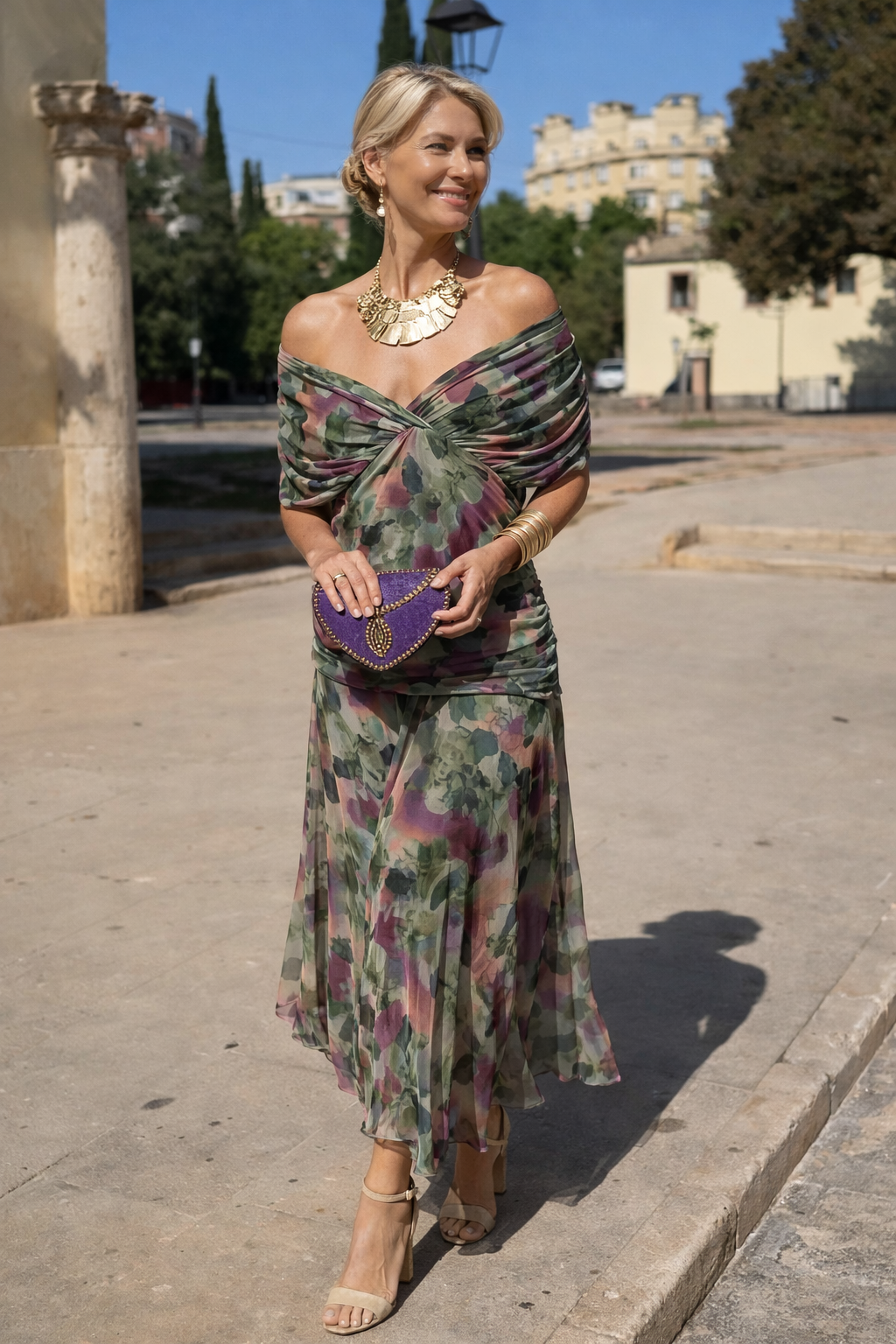 Chiffon V-Neck Batwing Sleeve Ruched Waist Maxi Gown 4