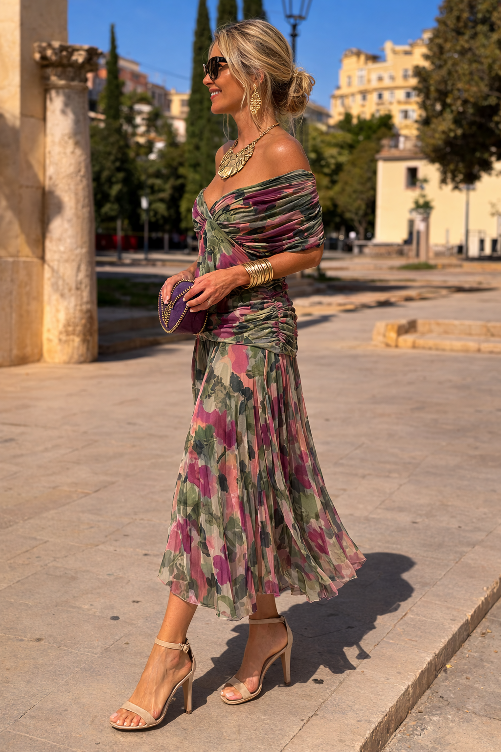 Chiffon V-Neck Batwing Sleeve Ruched Waist Maxi Gown 5
