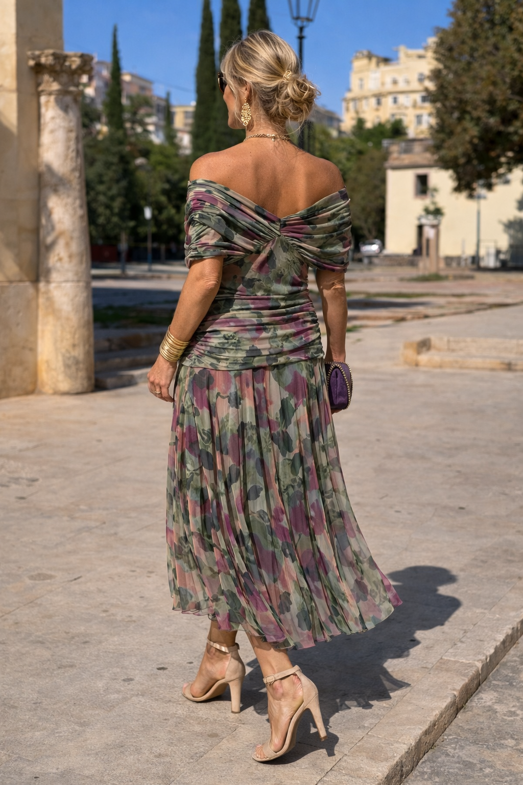 Chiffon V-Neck Batwing Sleeve Ruched Waist Maxi Gown 6