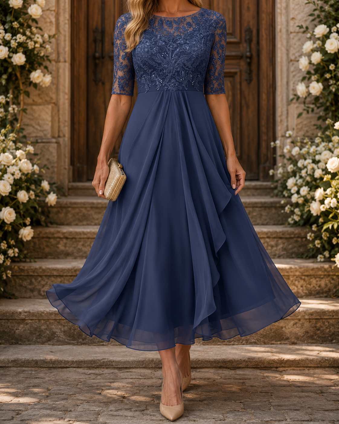 Lace Bodice Half Sleeve Chiffon A-Line Tea Length Dress