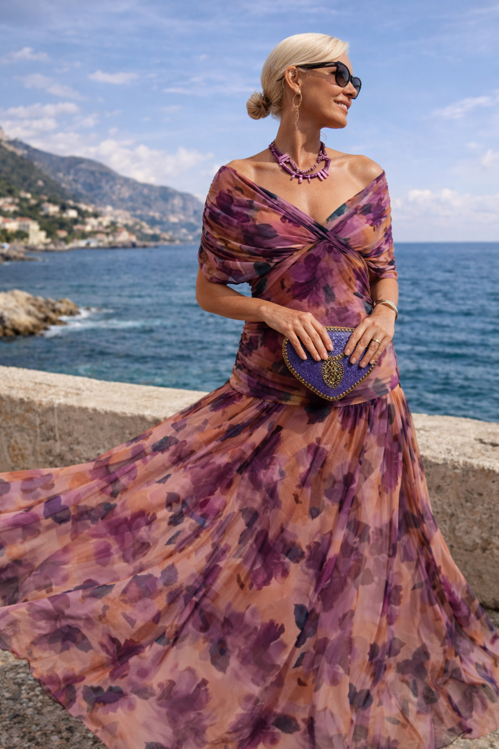 Chiffon V-Neck Batwing Sleeve Ruched Waist Maxi Gown 8
