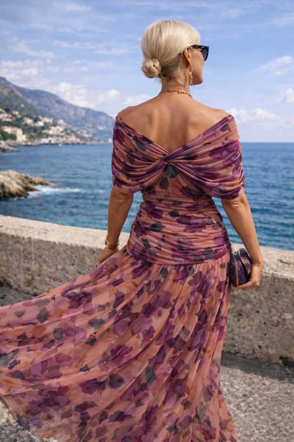 Chiffon V-Neck Batwing Sleeve Ruched Waist Maxi Gown 9