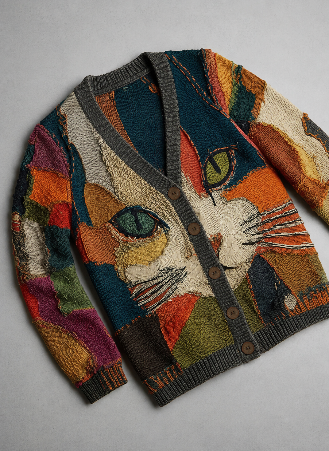Cat Print Patchwork V-Neck Button Front Knit Cardigan 2