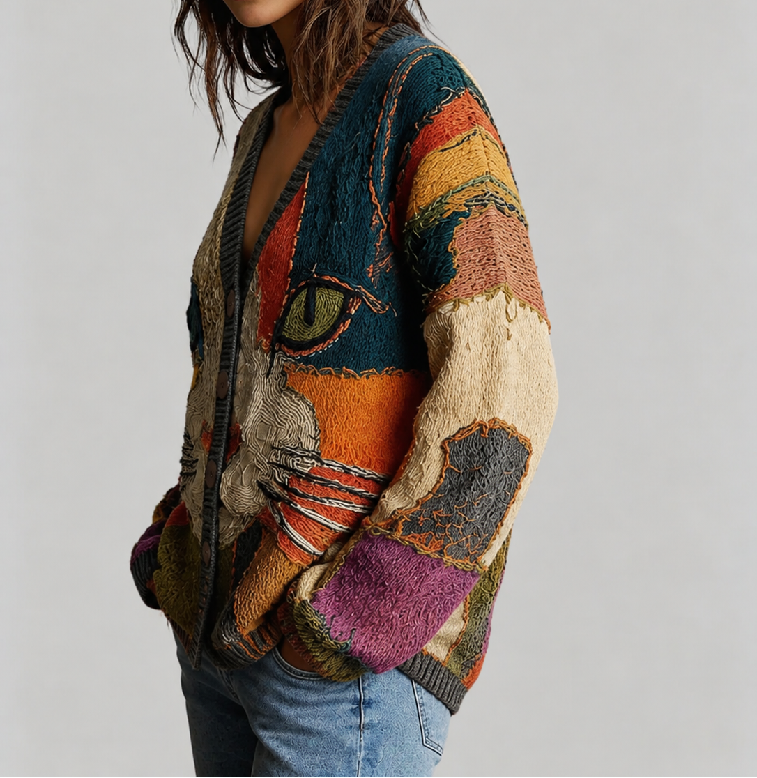 Cat Print Patchwork V-Neck Button Front Knit Cardigan 3
