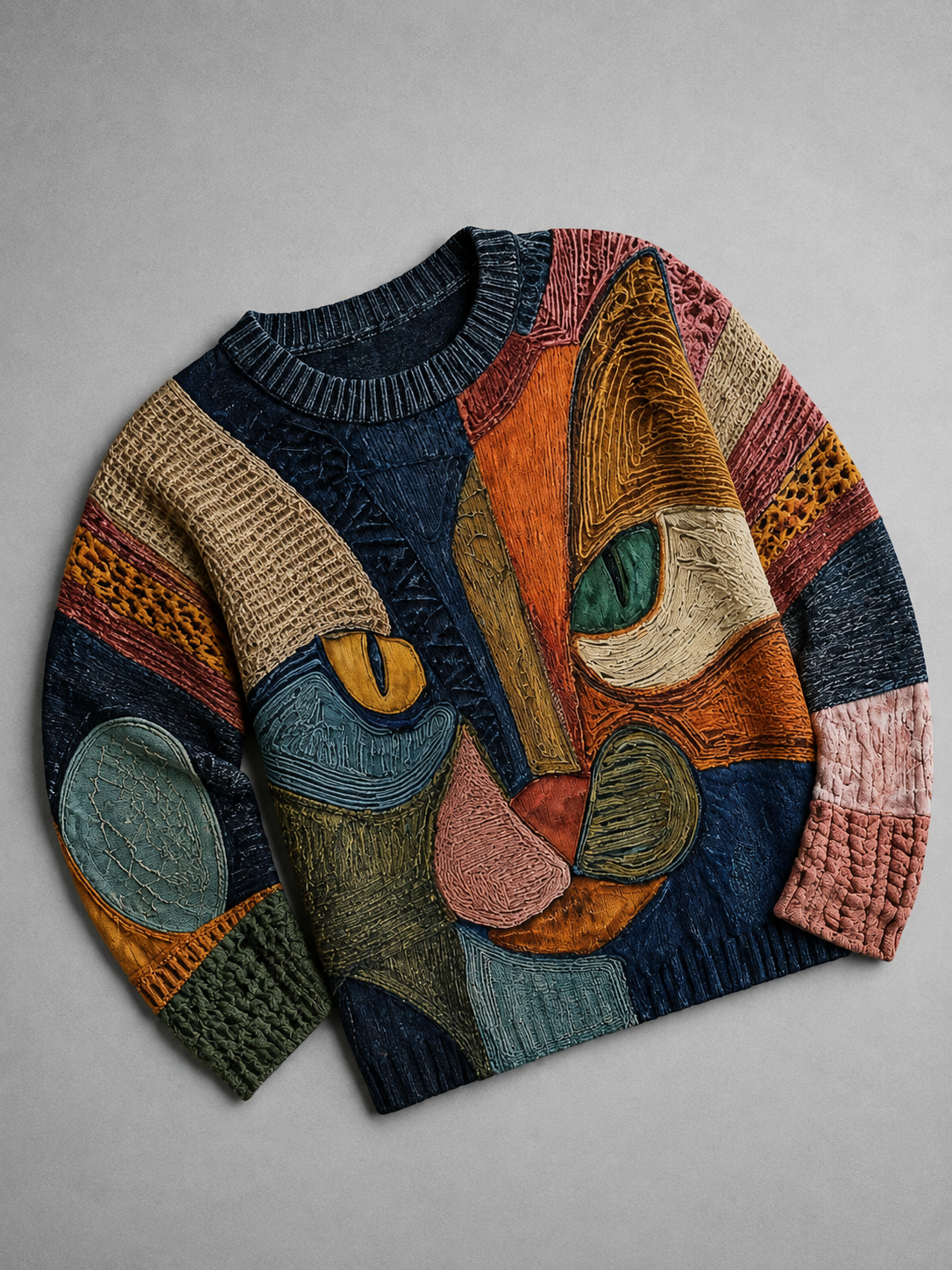 Abstract Cat Face Crew Neck Sweater