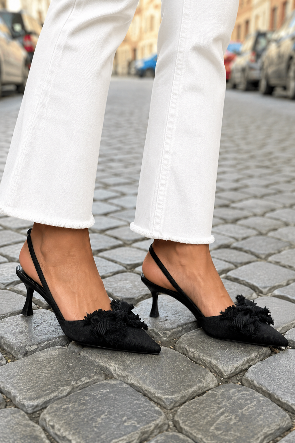 Pointed Toe Frayed Bow Slingback Kitten Heel Pumps