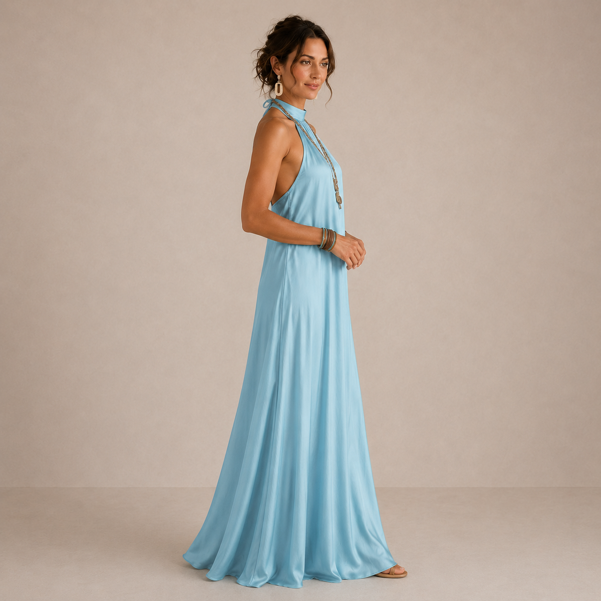 Satin Halter Neck Sleeveless Flowy A-Line Maxi Dress