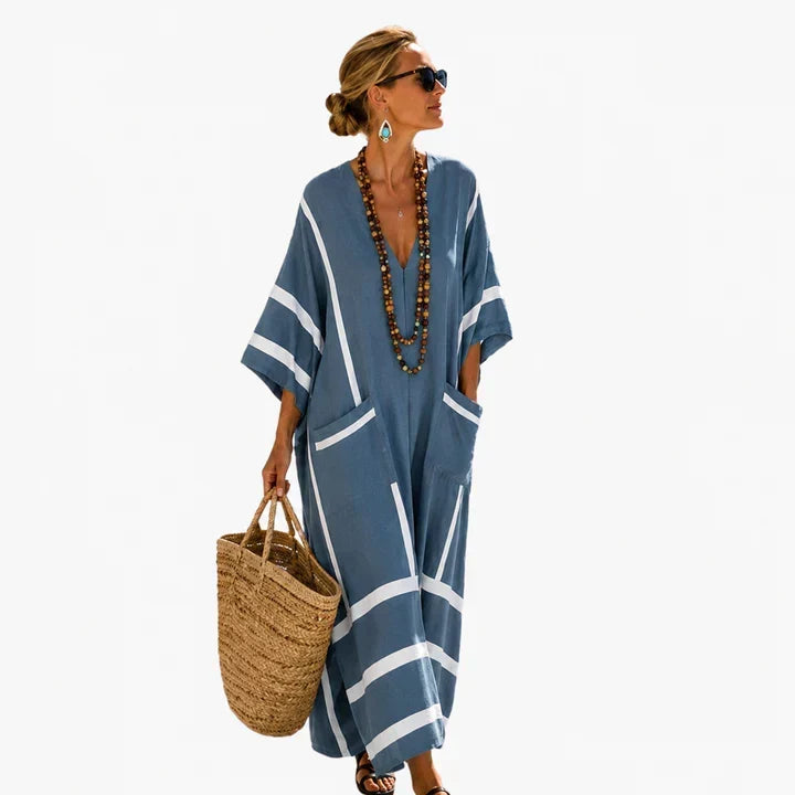 Deep V-Neck Wide Sleeve Striped Pocket Kaftan Maxi Beach Dress