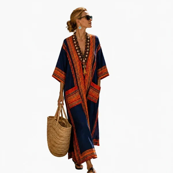 Boho Print V-Neck Pocket Kaftan Maxi Dress