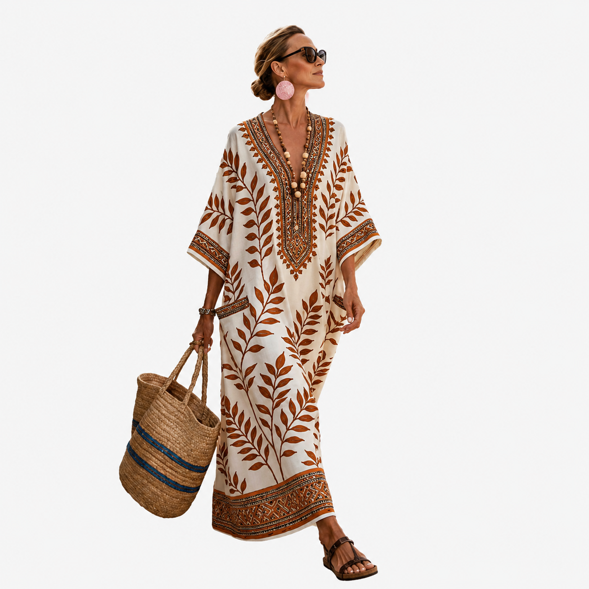 Leaf Print V-Neck Kimono Sleeve Kaftan Maxi Beach Cover Up