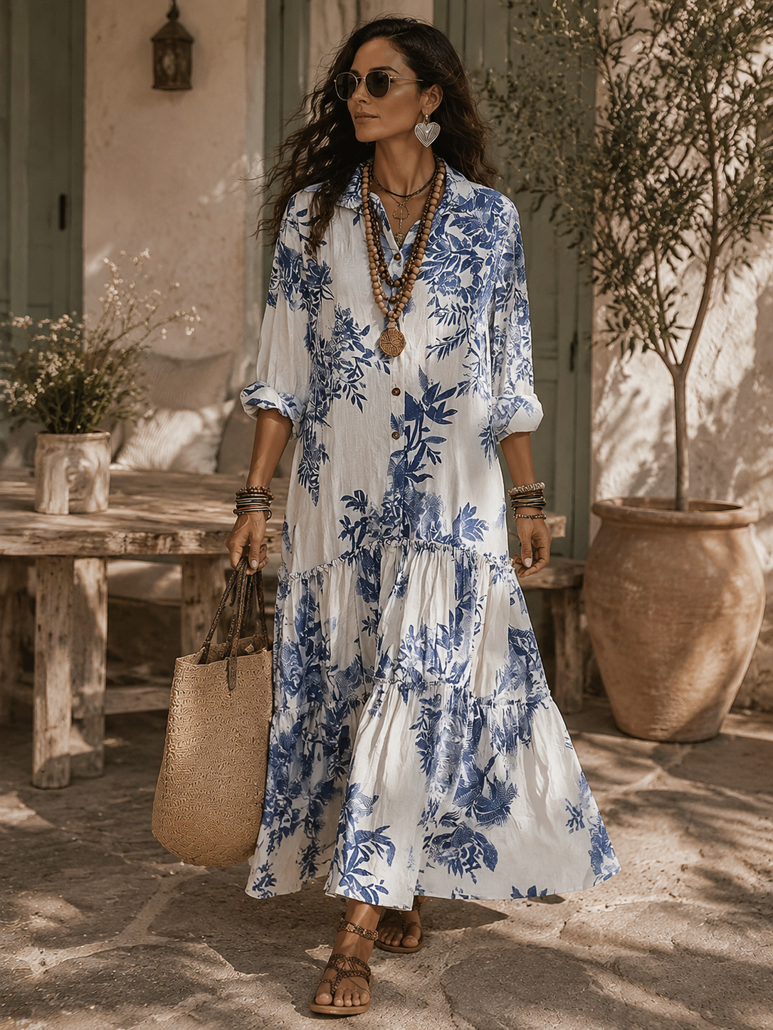 Collared Button Front Floral Tiered Maxi Shirt Dress