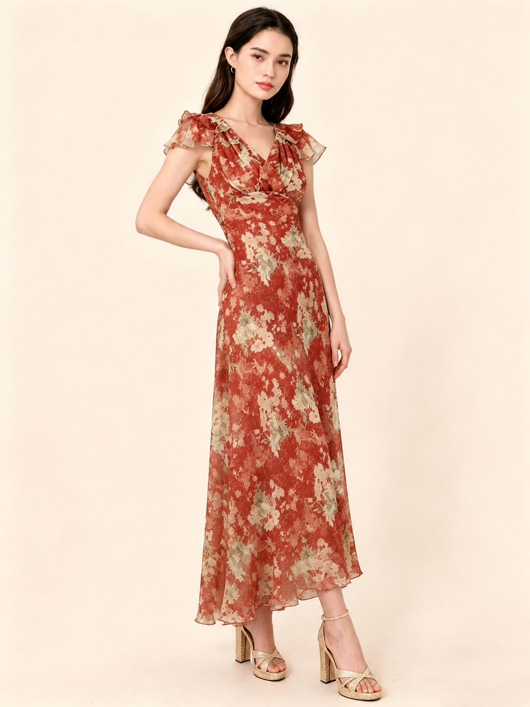 Floral Chiffon V-Neck Ruffle Sleeve A-Line Maxi Dress