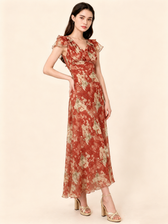 Floral Chiffon V-Neck Ruffle Sleeve A-Line Maxi Dress