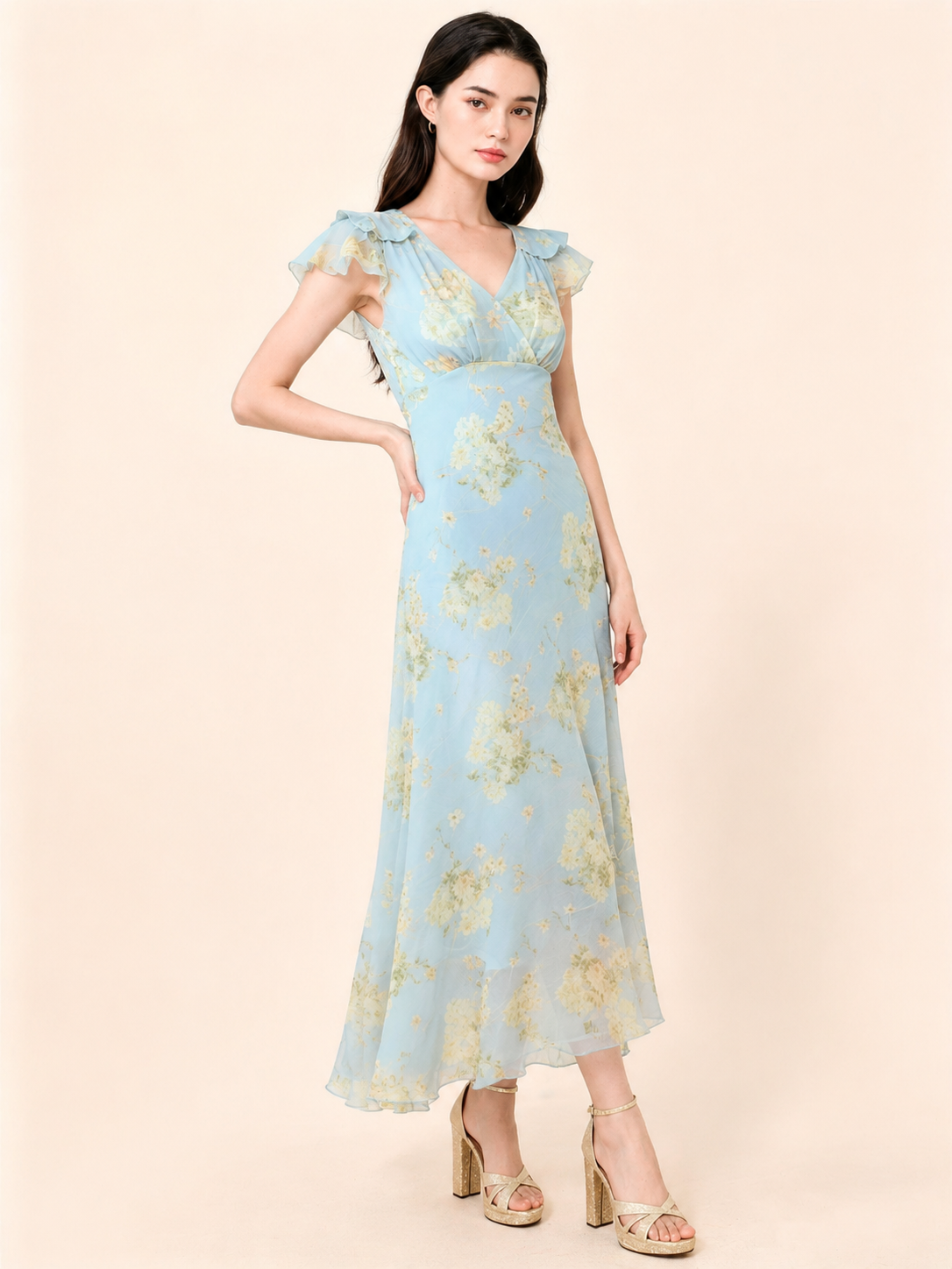 Floral Chiffon V-Neck Ruffle Sleeve A-Line Maxi Dress 2