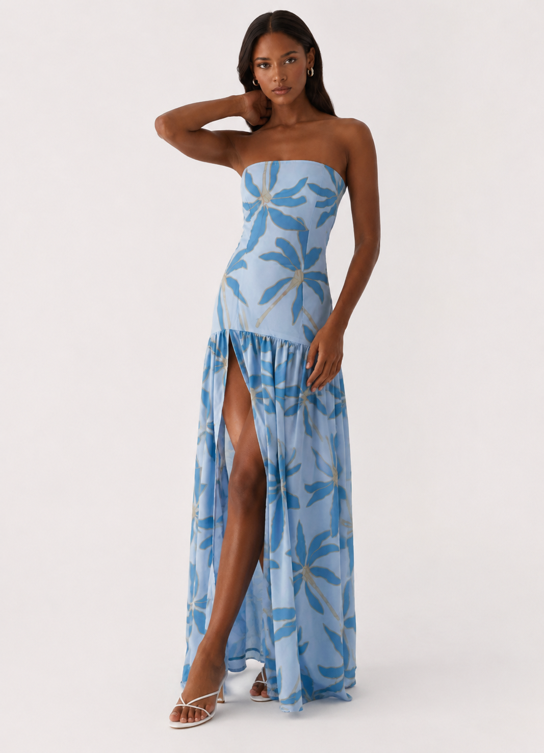 Floral Strapless High Split Chiffon Maxi Dress