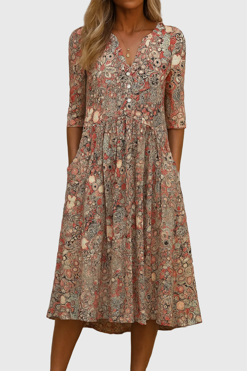 Floral Print V-Neck Button Front Pocket Midi Dress