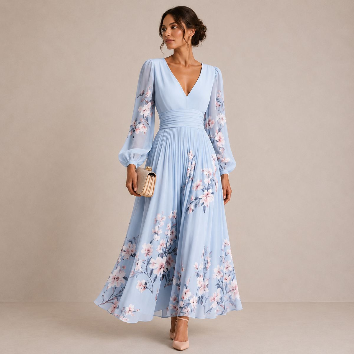 Floral Print Deep V-Neck Long Sleeve Pleated Maxi Dress