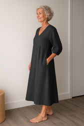 V-Neck Puff Sleeve Pocket A-Line Midi Dress 6