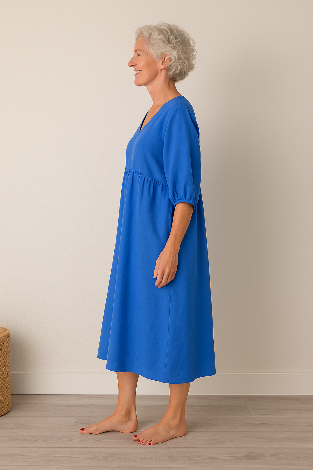 V-Neck Puff Sleeve Pocket A-Line Midi Dress 4