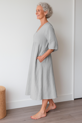 V-Neck Puff Sleeve Pocket A-Line Midi Dress 10