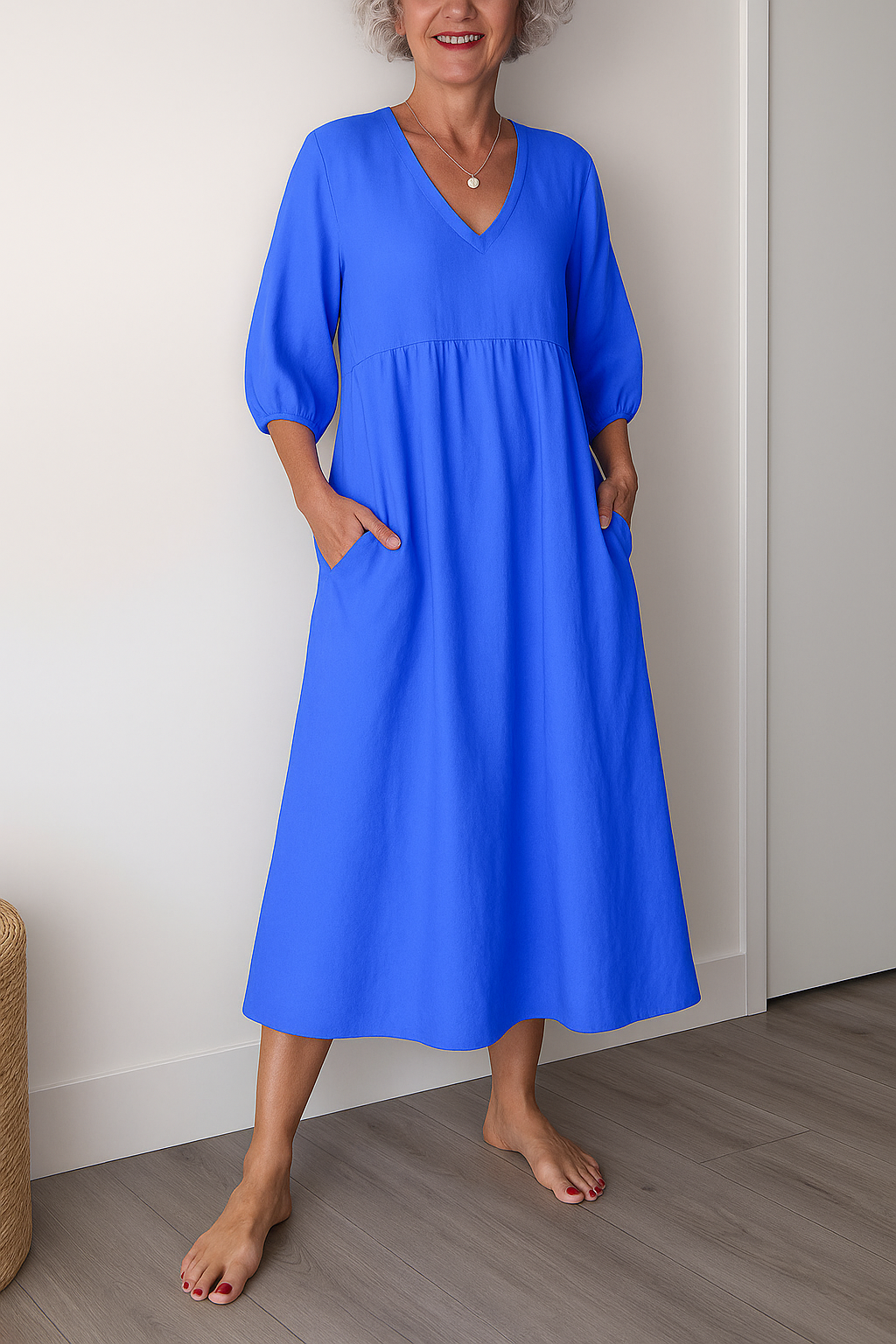 V-Neck Puff Sleeve Pocket A-Line Midi Dress 3