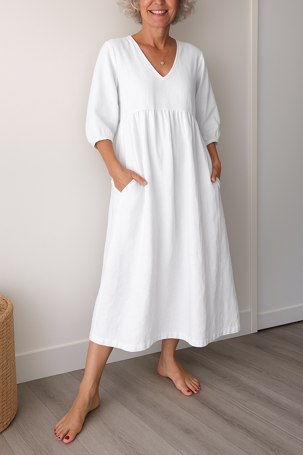 V-Neck Puff Sleeve Pocket A-Line Midi Dress