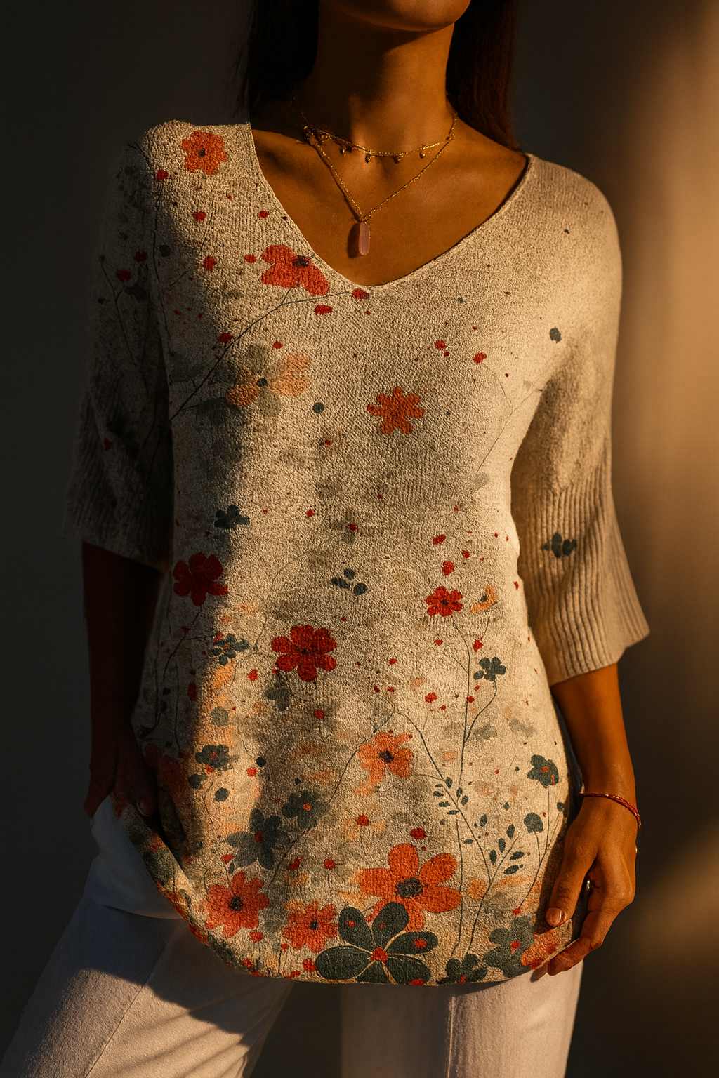 Floral Print V-Neck 3/4 Sleeve Knit Tunic Top
