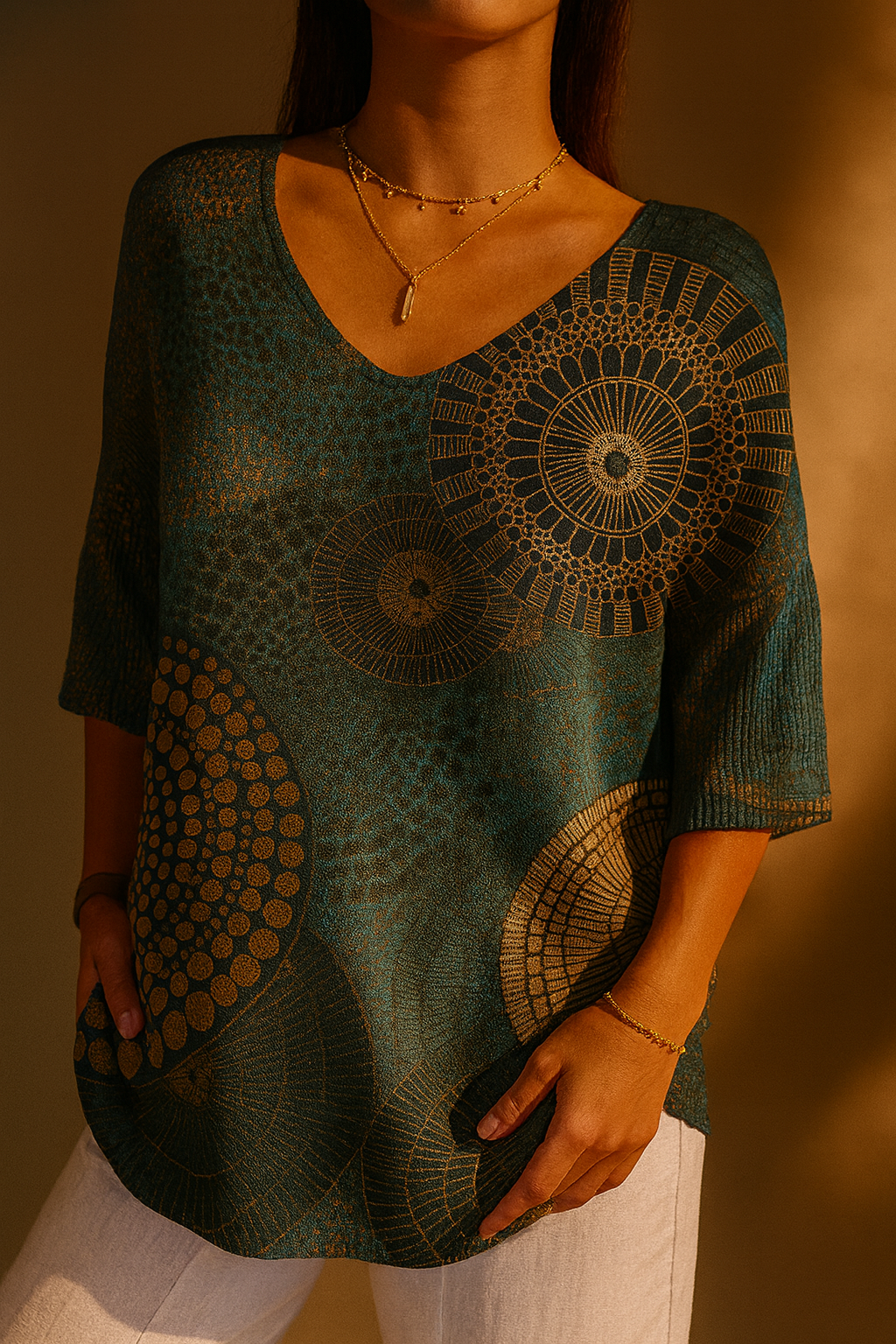 V-Neck Half Sleeve Mandala Circle Print Pullover Top