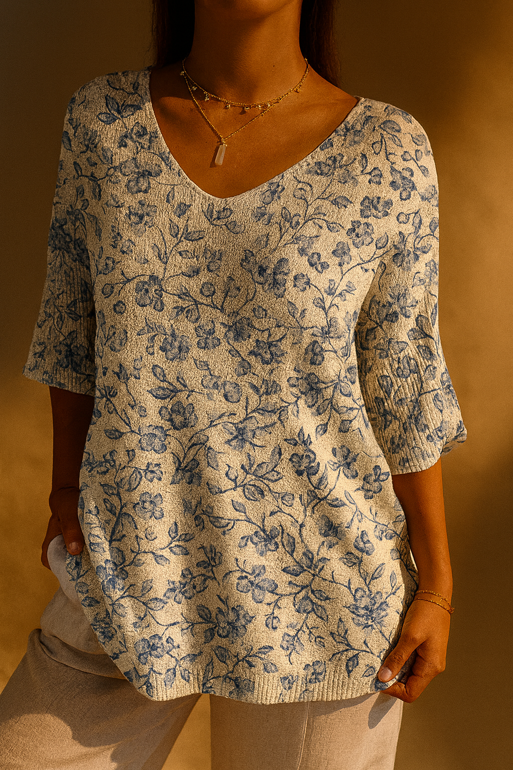 Ditsy Floral Print V-Neck Half Sleeve Knit Top