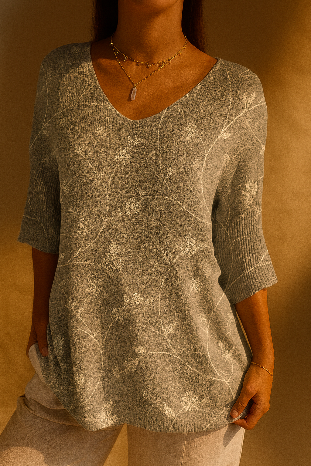 V-Neck Half Sleeve Floral Print Knit Tunic Top
