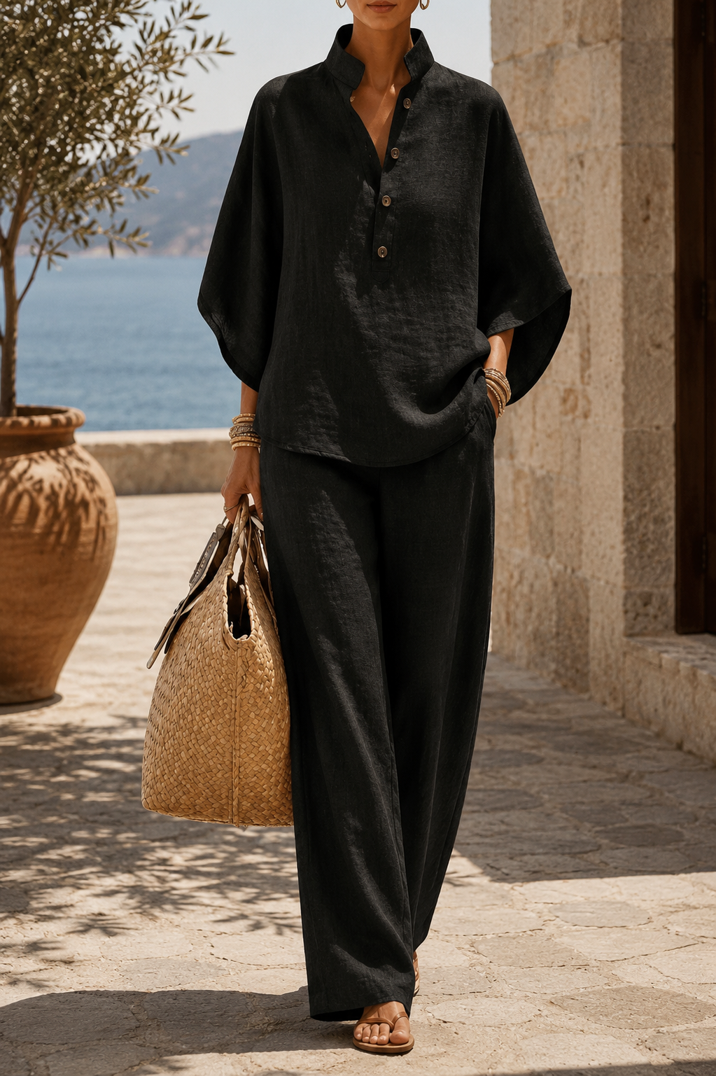 Stand Collar Button Front Top and Wide Leg Pants Two Piece Set