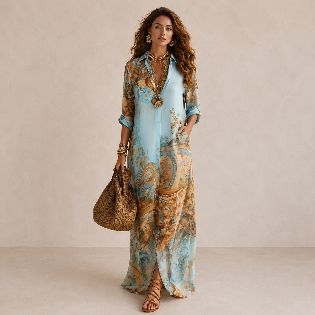 Paisley Print Button Front Long Sleeve Maxi Shirt Dress