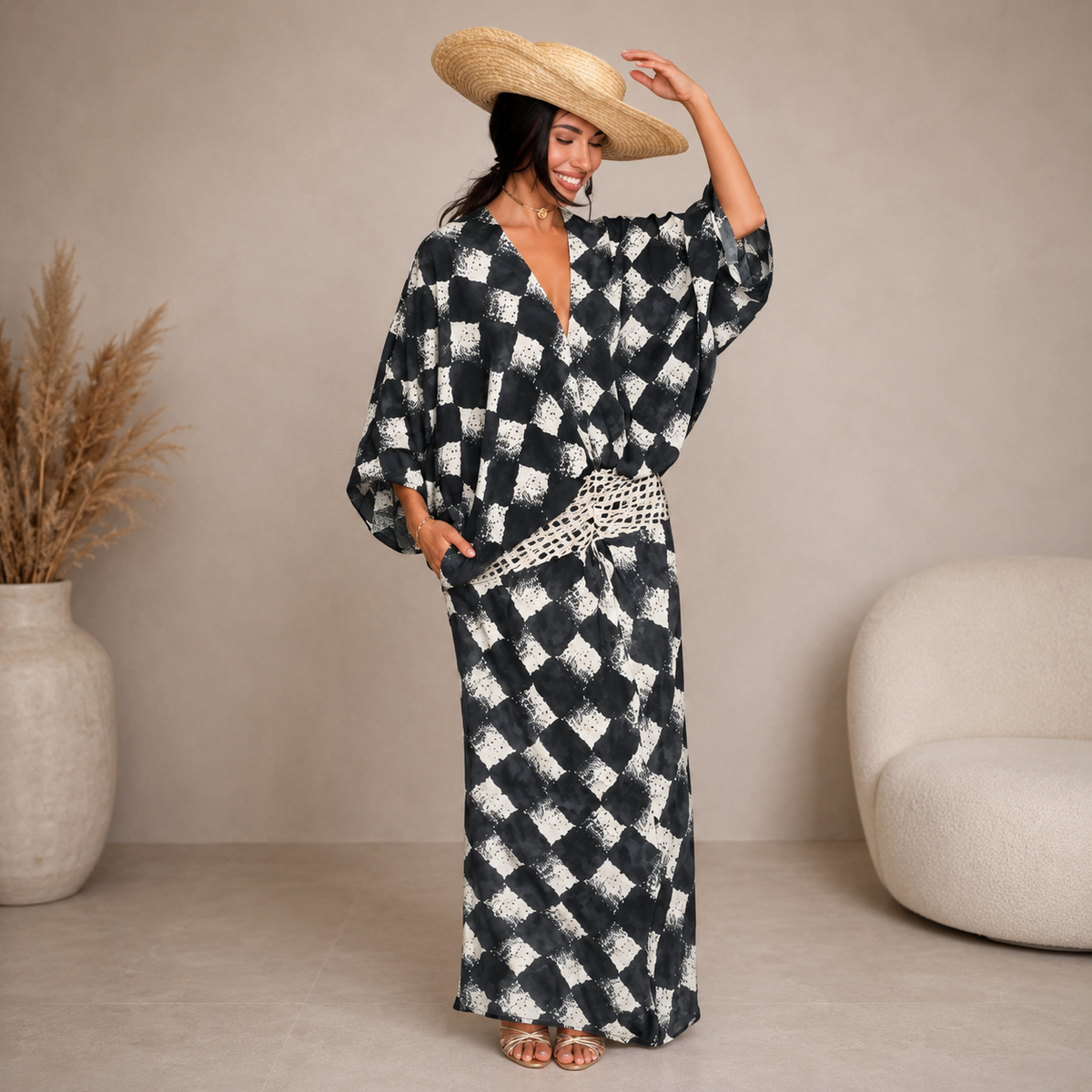 Checkerboard Print Kimono Sleeve Top and Wide Leg Pants Two Piece Set