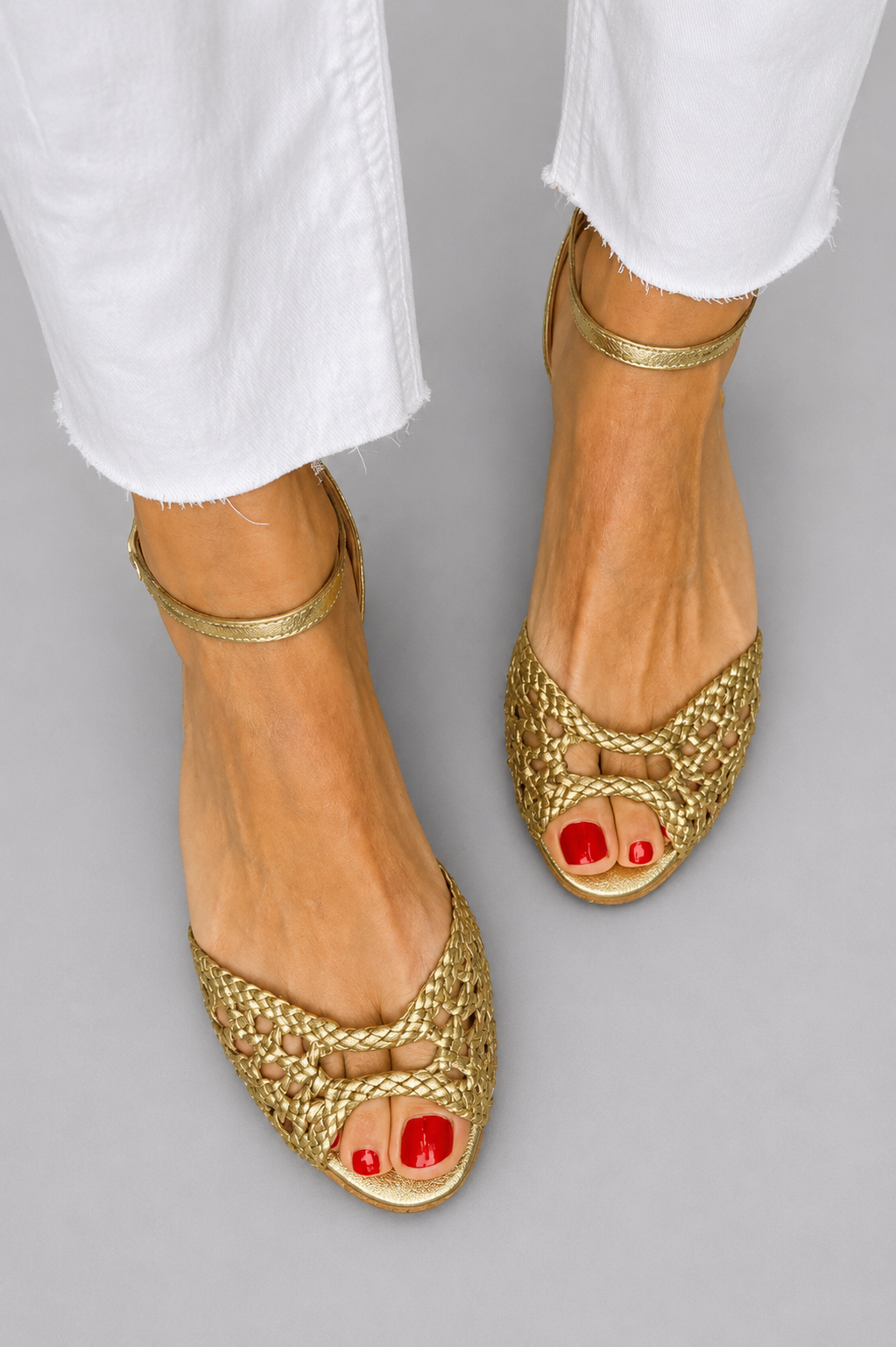 Woven Peep Toe Ankle Strap Flat Sandals
