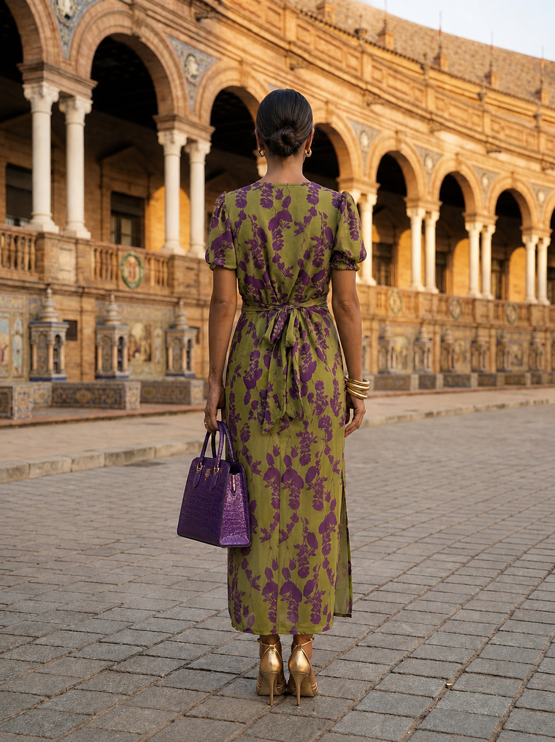 Floral Print V-Neck Puff Sleeve Twist Front Midi Dress
