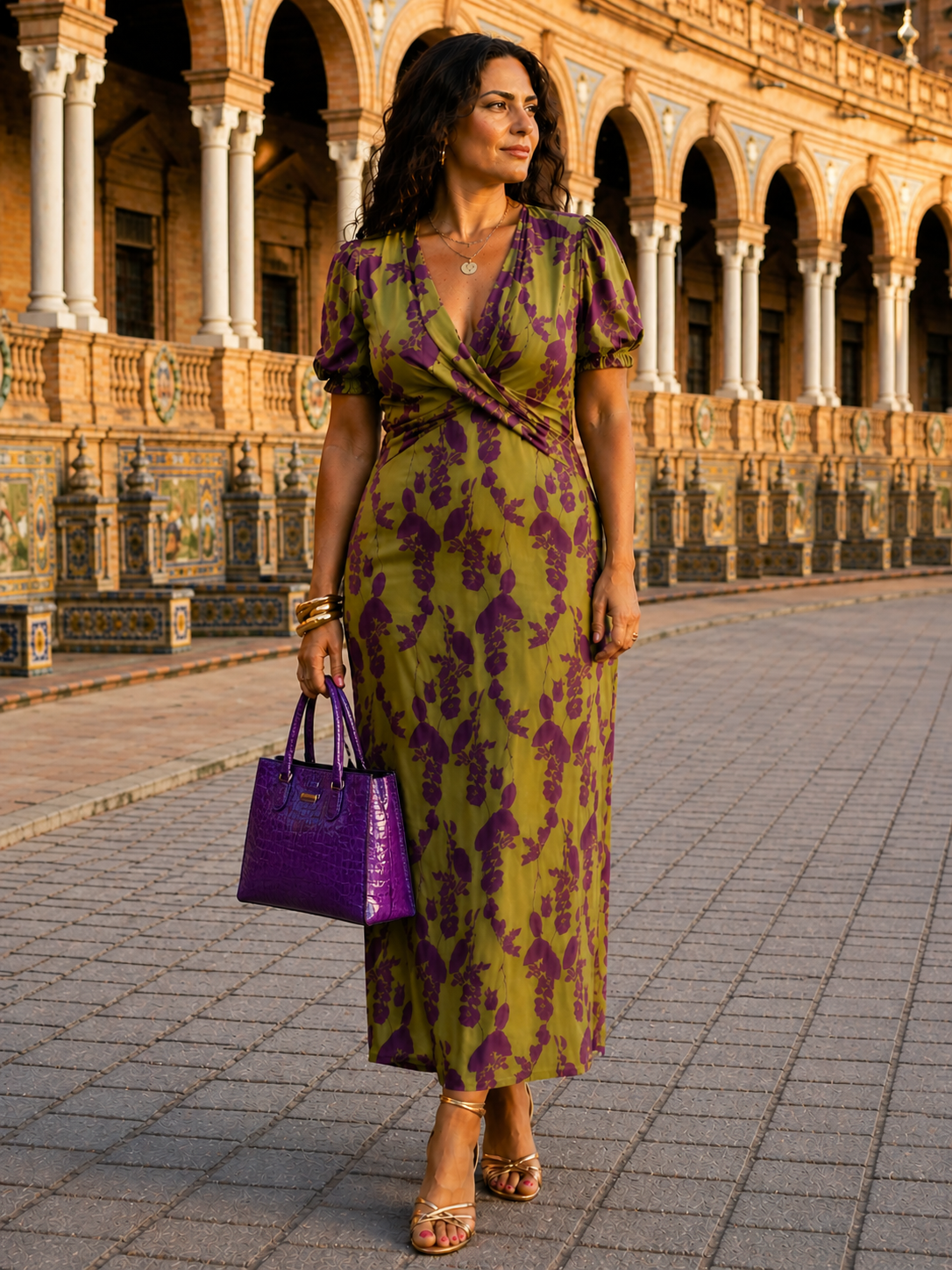 Floral Print V-Neck Puff Sleeve Twist Front Midi Dress