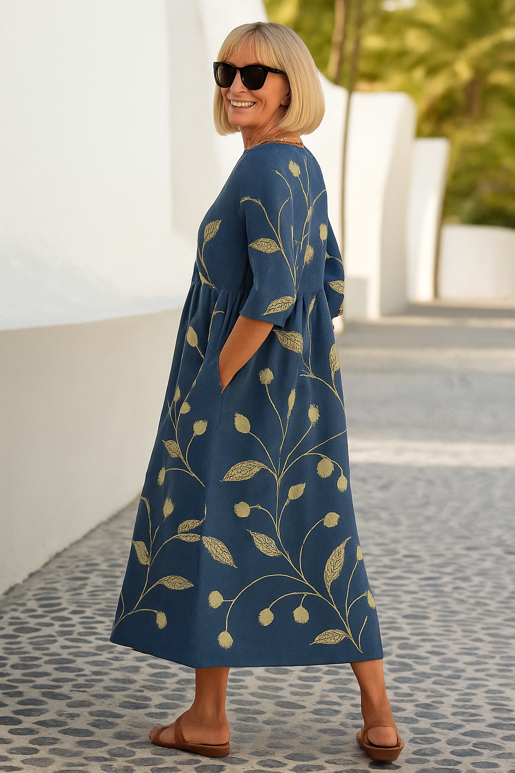 Floral Embroidered Round Neck Half Sleeve A-Line Midi Dress