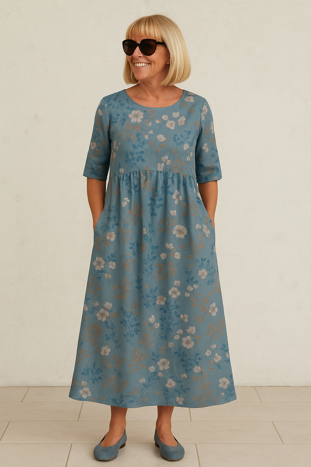 Floral Embroidered Round Neck Half Sleeve A-Line Midi Dress