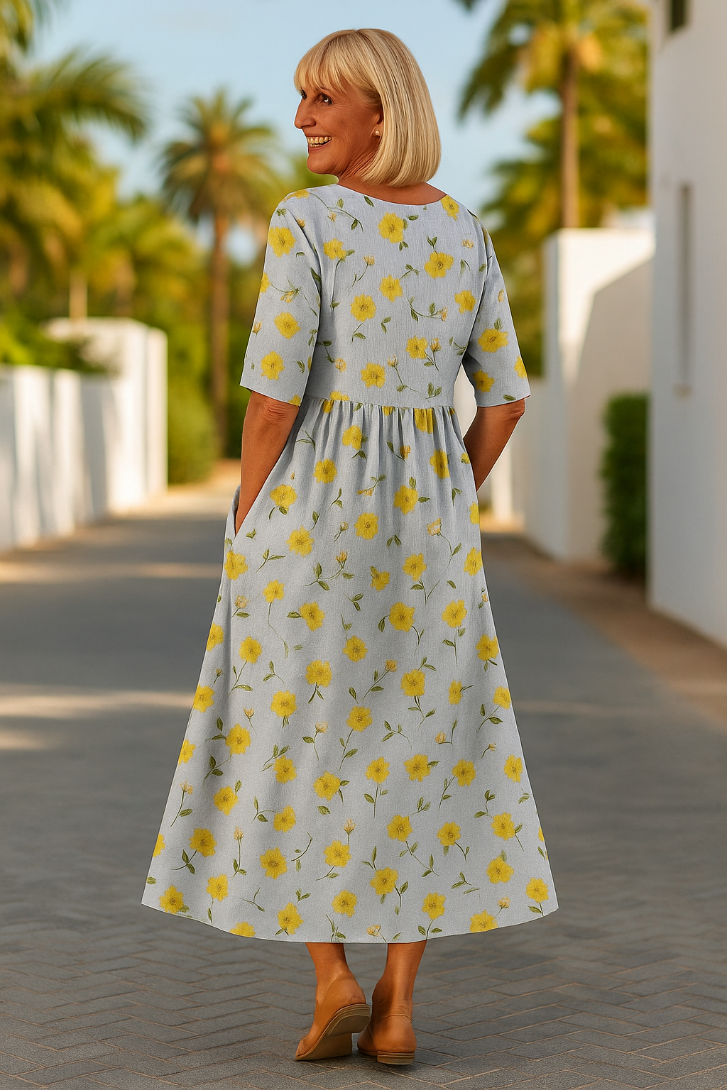Floral Embroidered Round Neck Half Sleeve A-Line Midi Dress