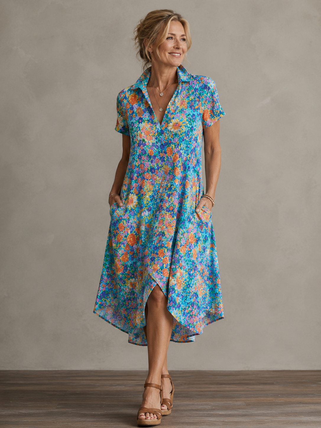Floral Collared Short Sleeve High Low Shirt Dress
