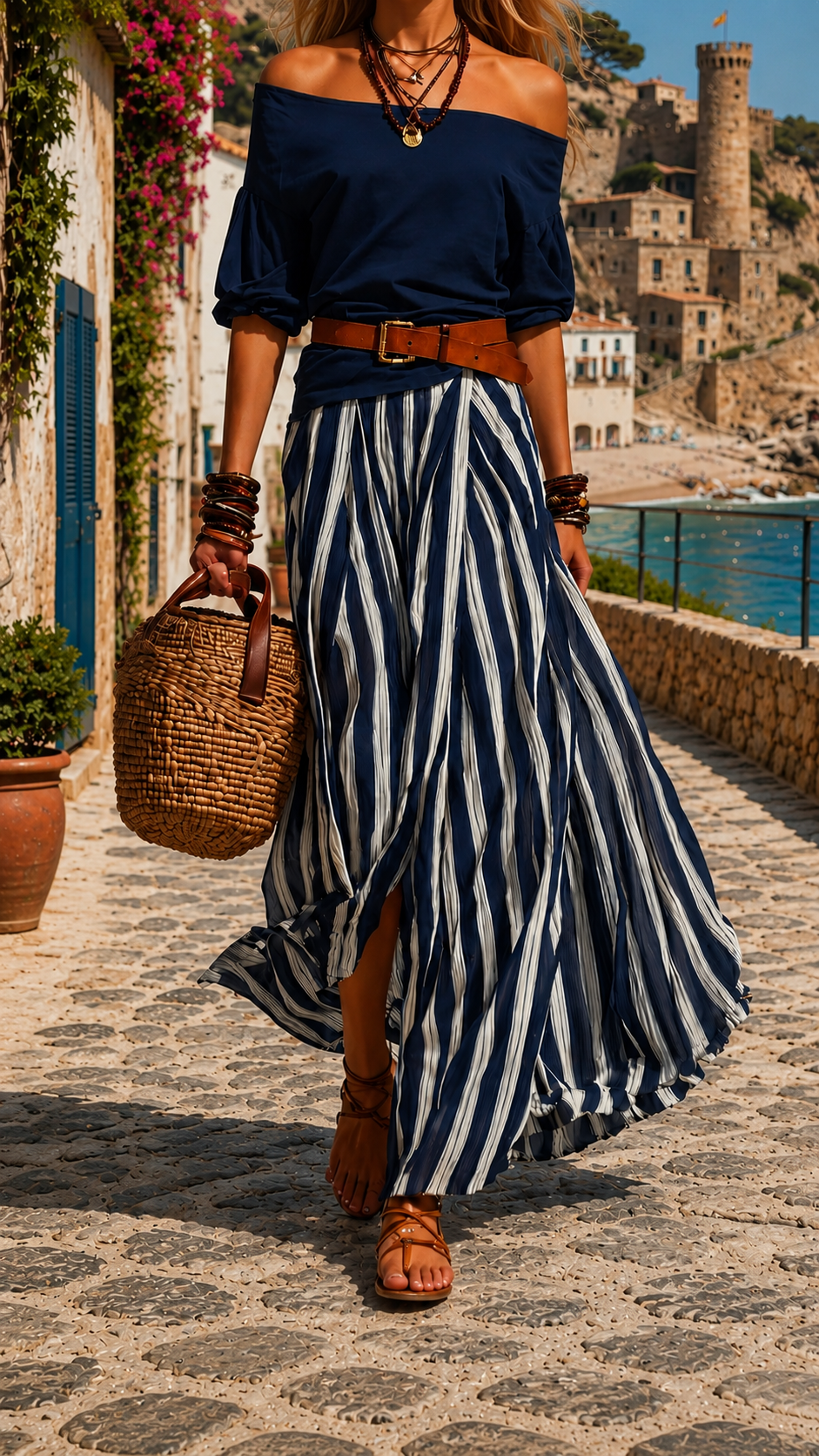 Off Shoulder Top and Striped Maxi Skirt Two Piece Set