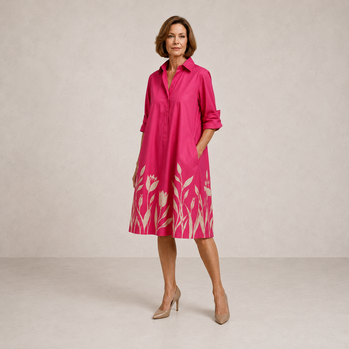 Tulip Print Collared Roll Sleeve A-Line Shirt Dress
