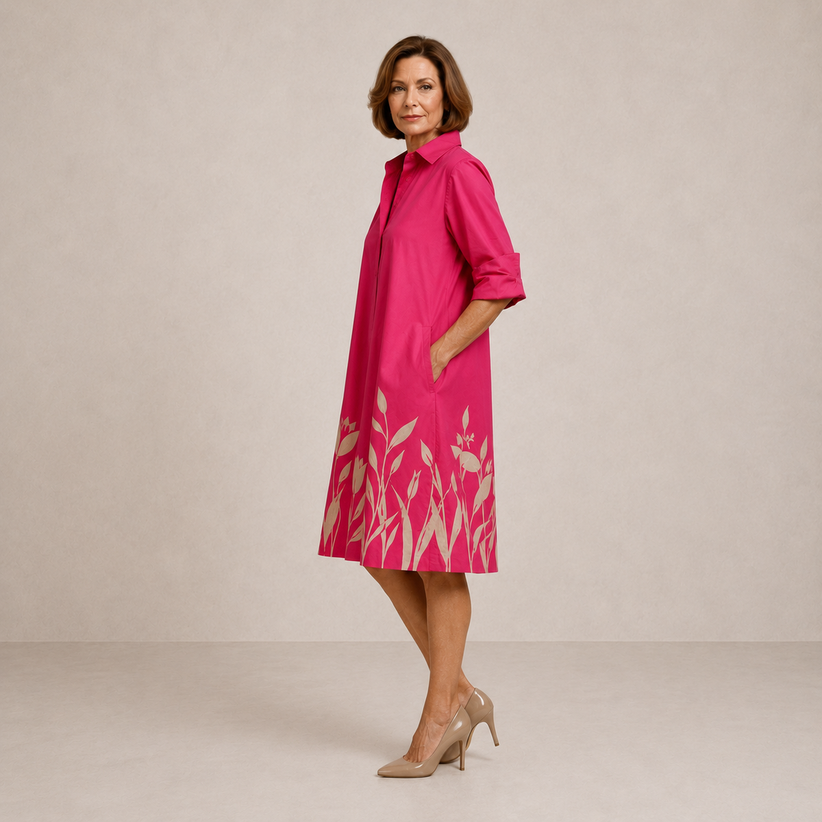 Tulip Print Collared Roll Sleeve A-Line Shirt Dress