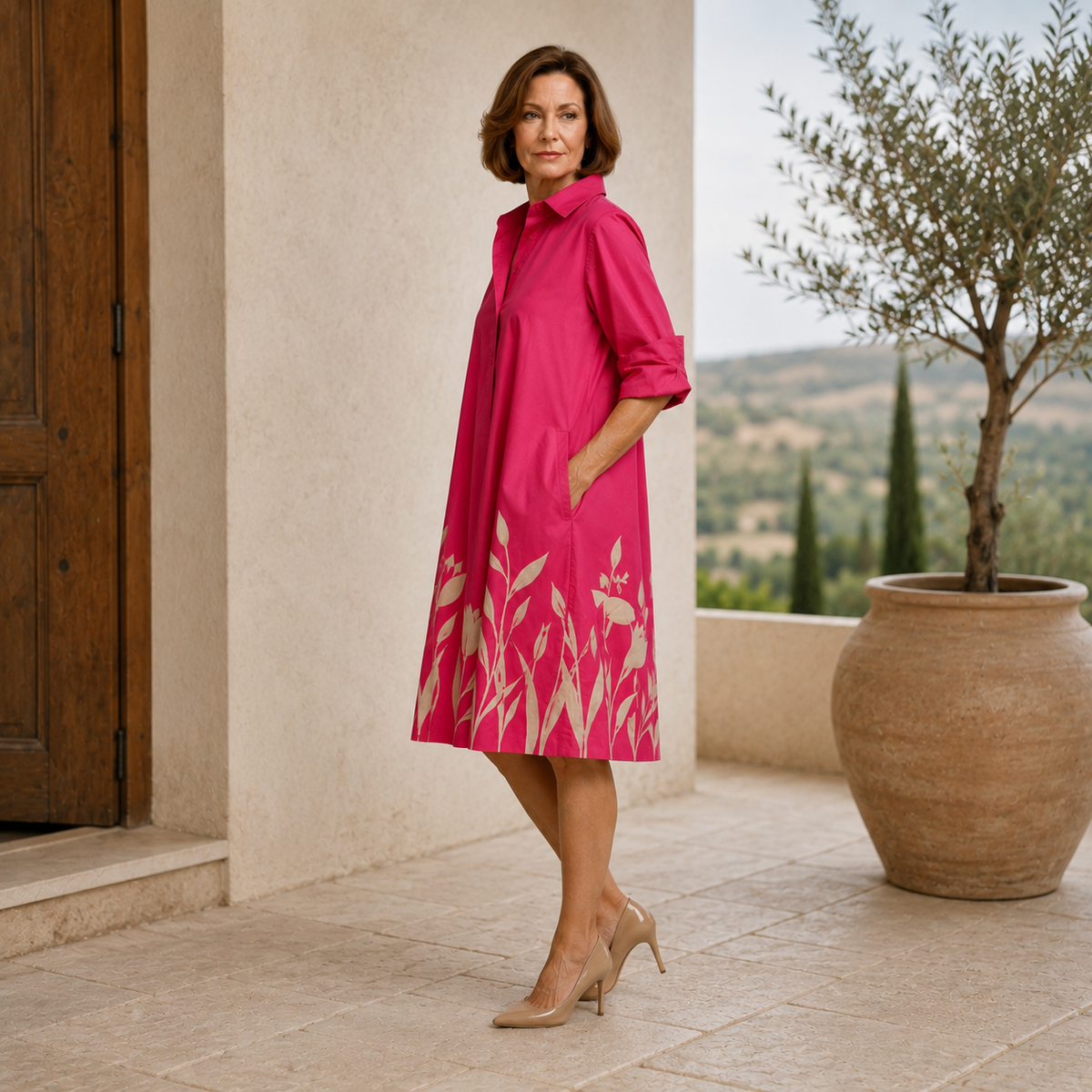 Tulip Print Collared Roll Sleeve A-Line Shirt Dress