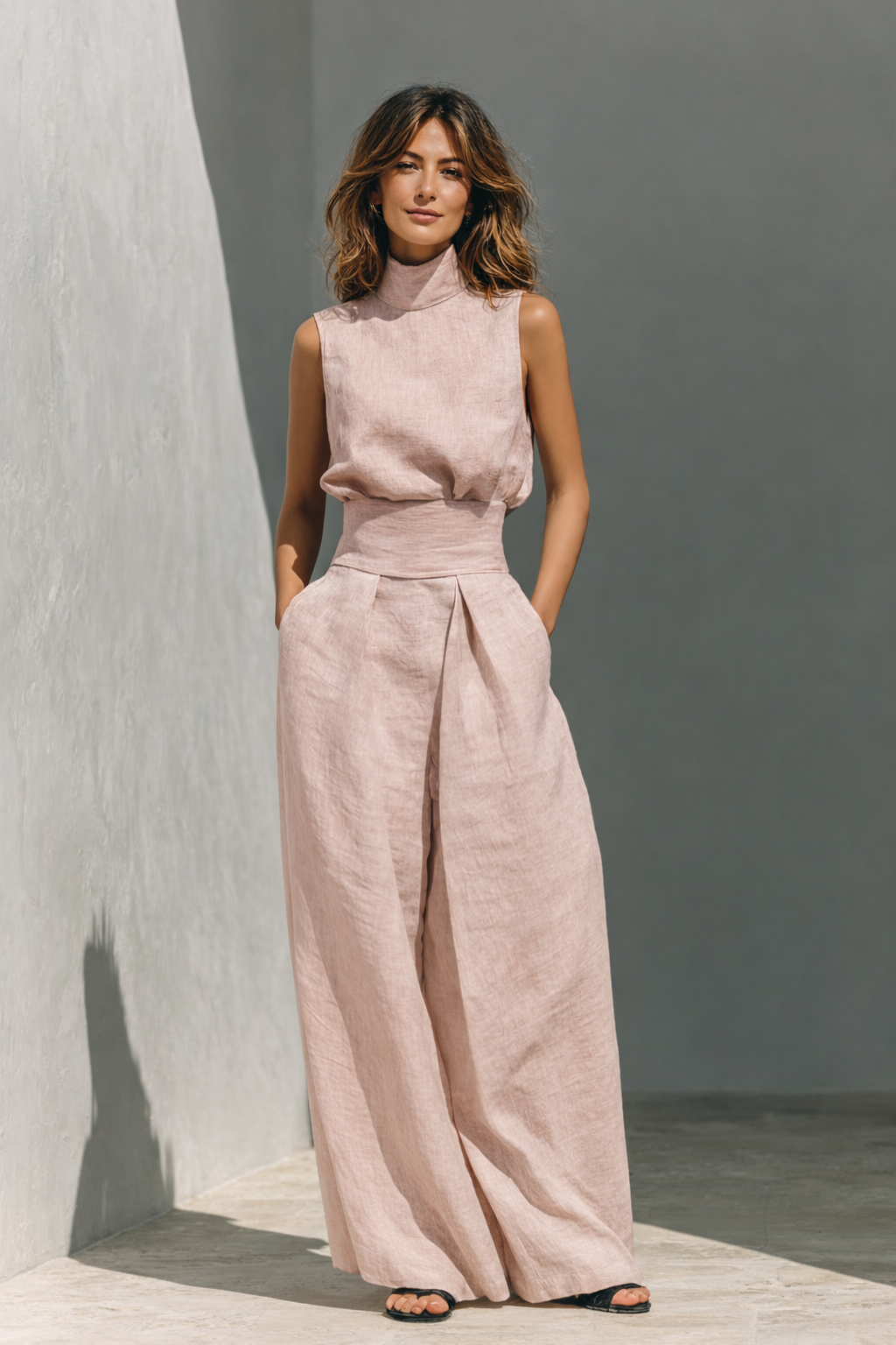 High Neck Sleeveless Top and Wide Leg Pants Two Piece Set