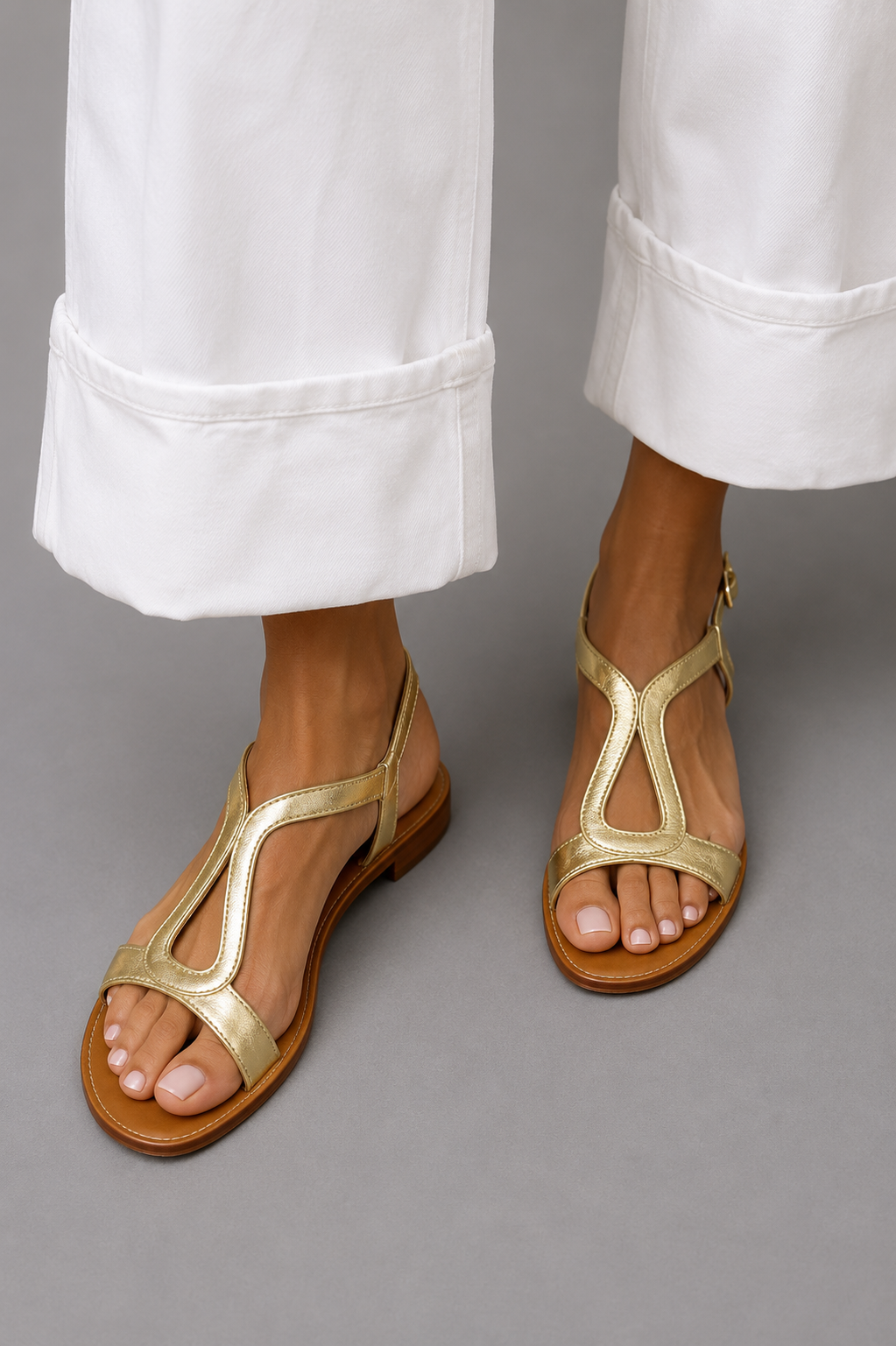 T Strap Slingback Metallic Flat Sandals