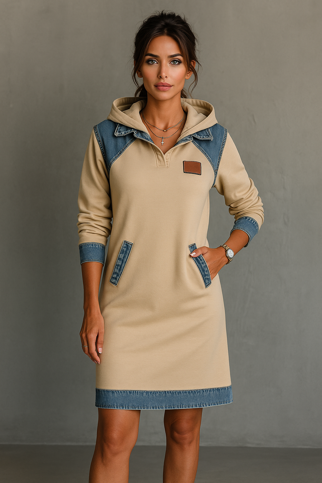 Hooded Long Sleeve Denim Patchwork Mini Dress Pocket 10