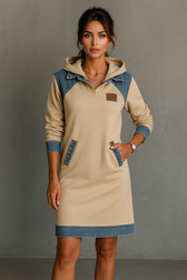 Hooded Long Sleeve Denim Patchwork Mini Dress Pocket 10